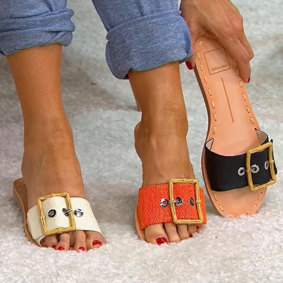 Dolce Vita Dasa Embossed Leather Buckle Slide Sandals Eggshell SZ 9.5 - Picture 2 of 16